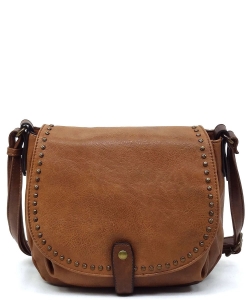 Vintage Studded Flap Saddle Crossbody Bag CJF125 BROWN